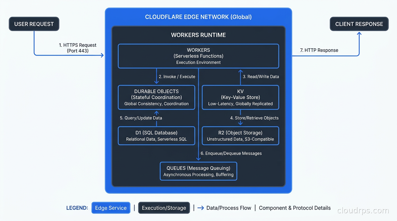 Cloudflare edge computing platform stack showing Workers, Durable Objects, KV, R2, D1, and Queues components