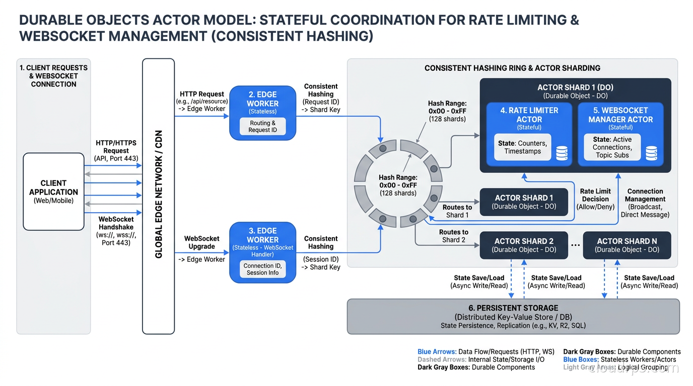 Durable Objects actor model with consistent hashing showing stateful coordination for rate limiting and WebSocket management