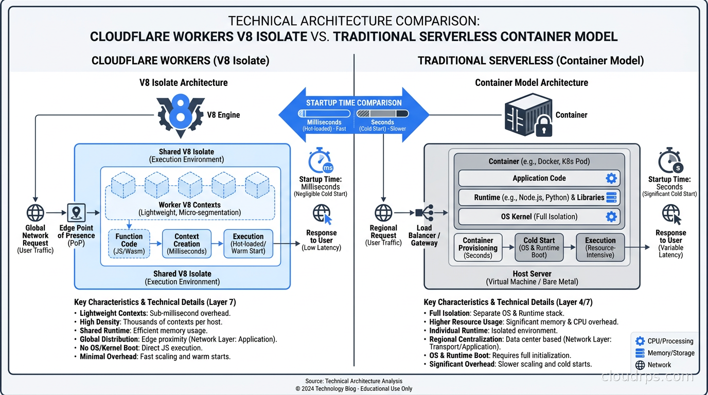 Cloudflare Workers V8 isolate architecture versus traditional serverless container model showing startup time comparison