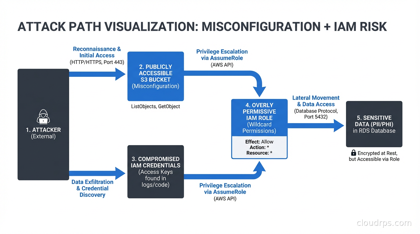 Attack path visualization showing misconfiguration plus IAM risk creating a path to sensitive data