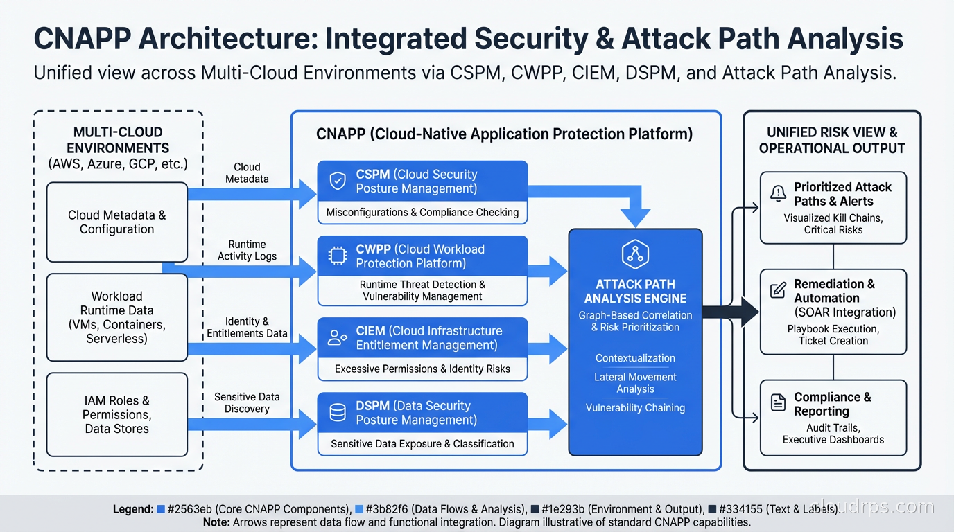 CNAPP architecture showing CSPM, CWPP, CIEM, and DSPM integration with attack path analysis engine