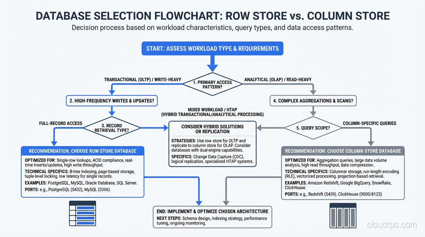 Decision flowchart for choosing between row store and column store databases