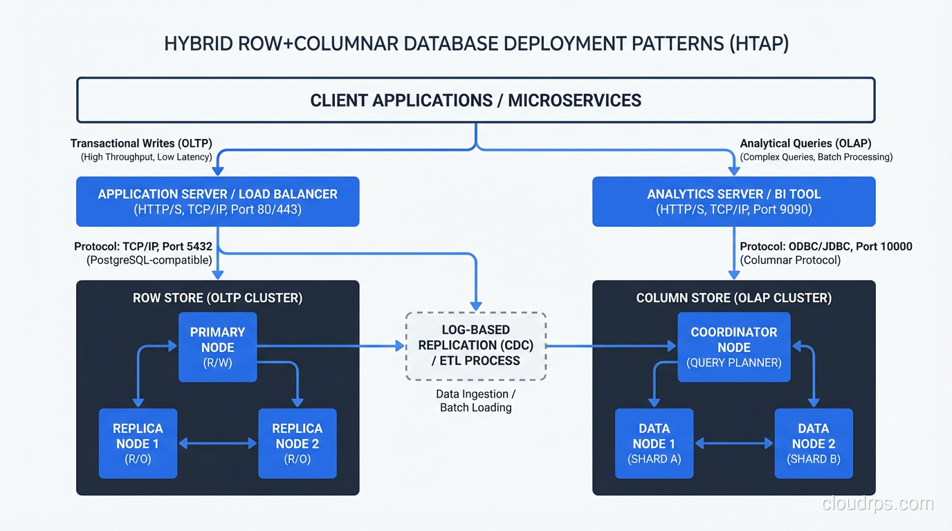 Architecture diagram showing hybrid row+columnar database deployment patterns