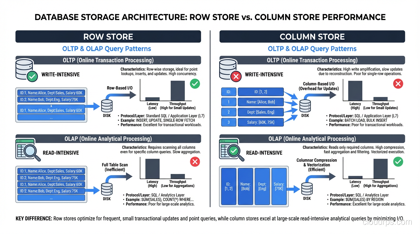Performance chart comparing row store and column store for OLTP vs OLAP query patterns
