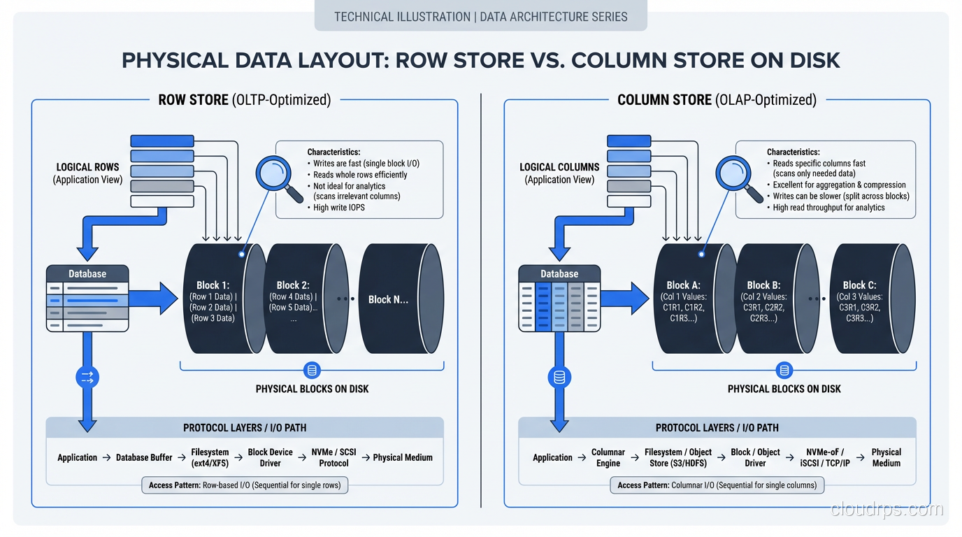Diagram showing row store vs column store physical data layout on disk