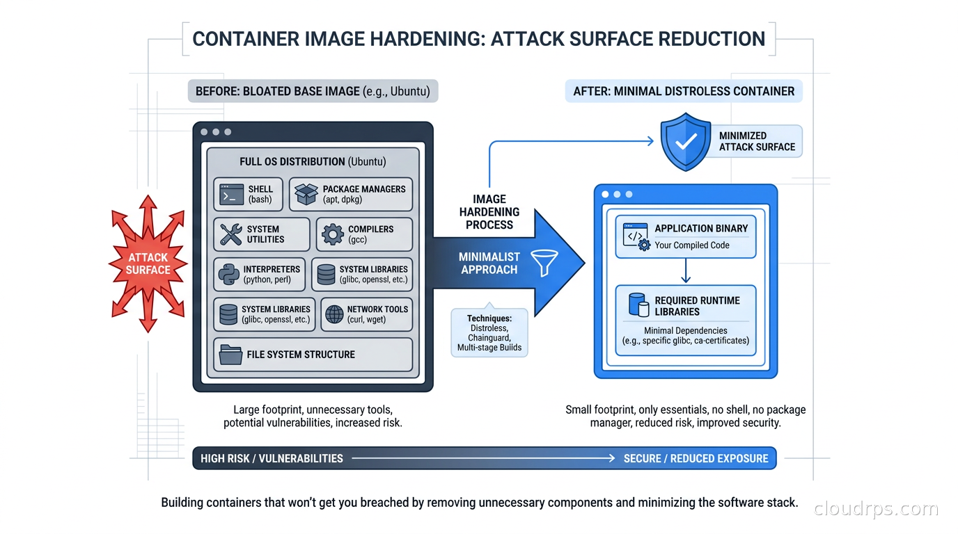 Diagram showing the attack surface reduction from a bloated ubuntu base image to a minimal distroless container with only the application binary and required runtime libraries