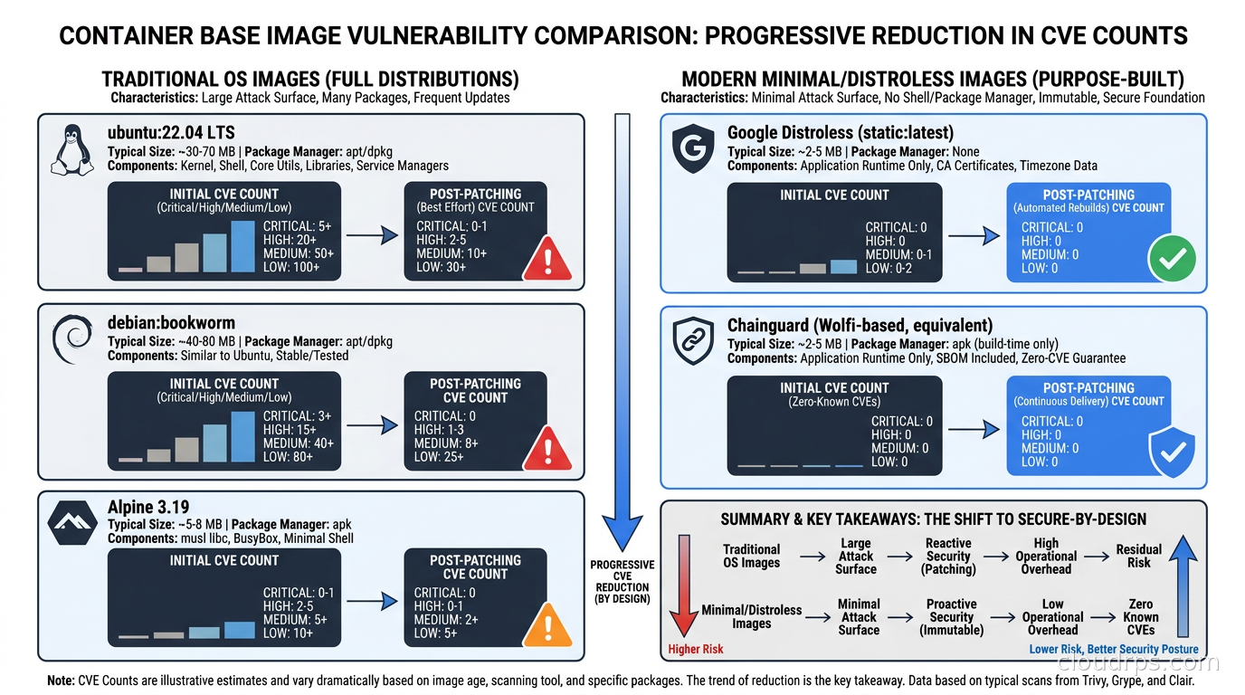 Comparison of base image vulnerability counts across ubuntu:22.04, debian:bookworm, Alpine 3.19, google distroless static, and Chainguard equivalent showing progressive reduction in CVE counts