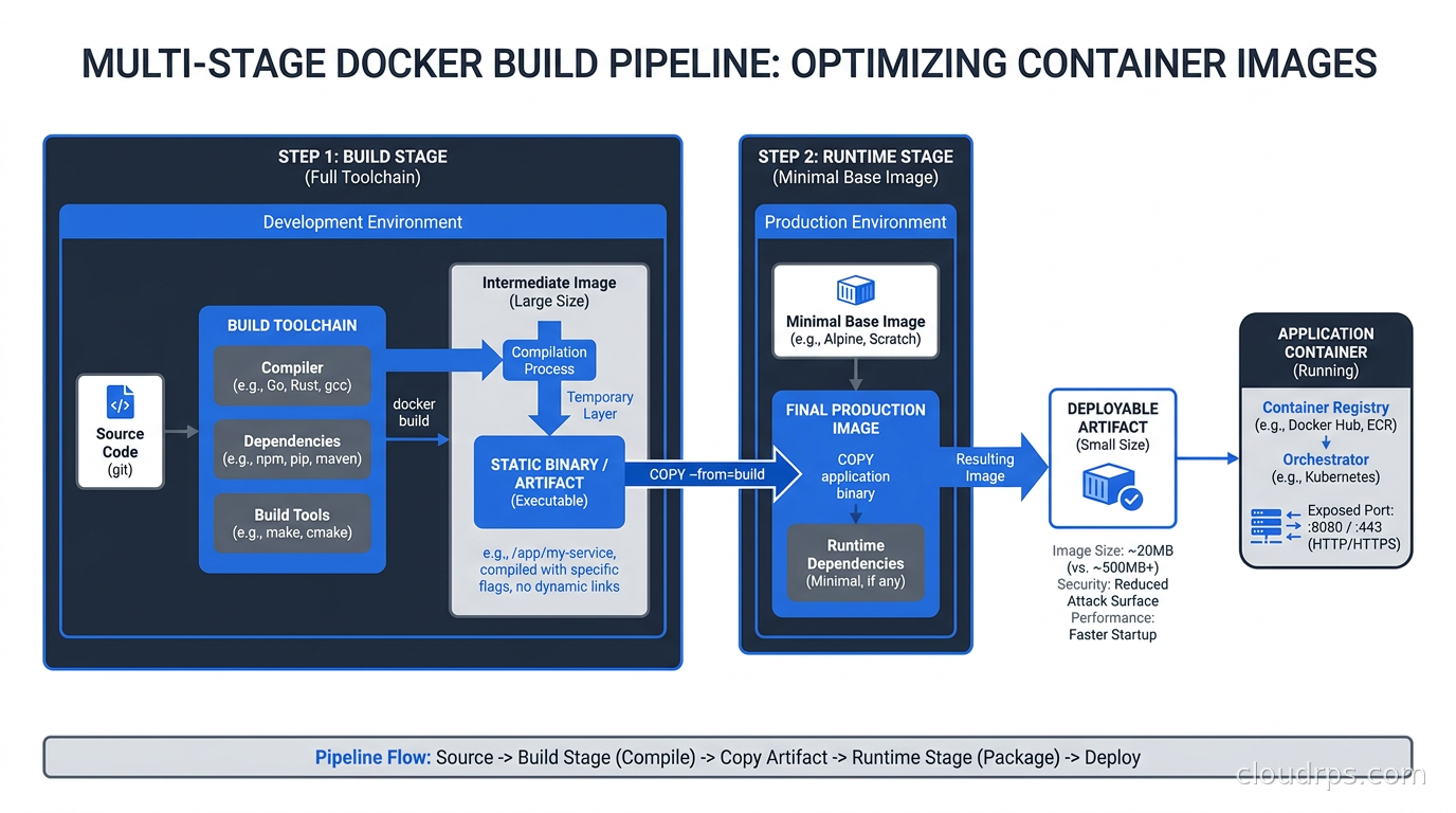 Multi-stage Docker build pipeline showing build stage with full toolchain producing a static binary, then runtime stage copying only the binary into a minimal base image