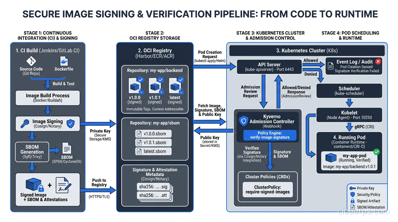 Image signing and verification pipeline showing CI build producing signed image with SBOM, stored in OCI registry, with Kyverno admission controller verifying signature at pod scheduling time