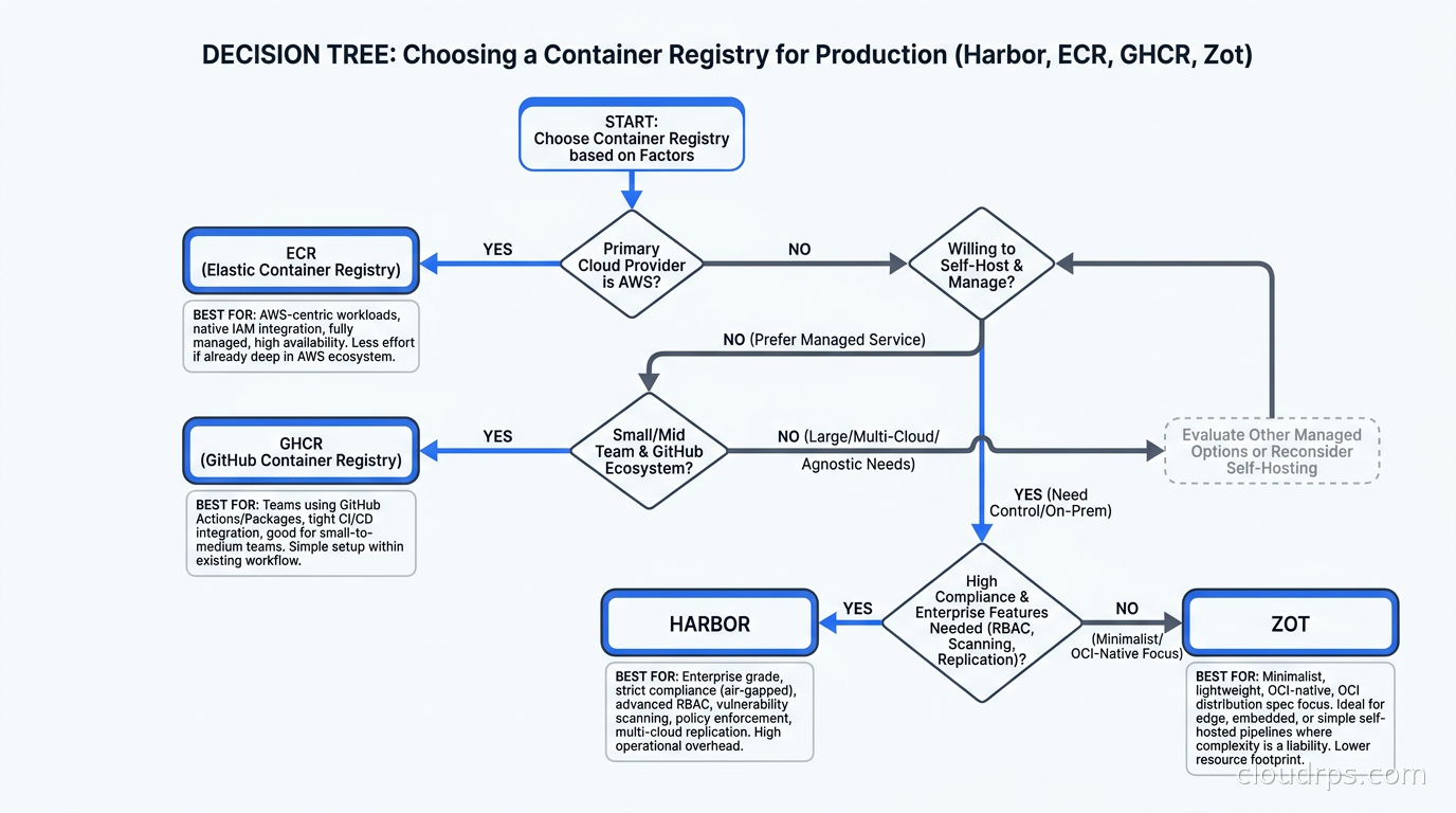 Decision tree for choosing between Harbor, ECR, GHCR, and Zot based on team size, cloud provider, compliance requirements, and self-hosting willingness