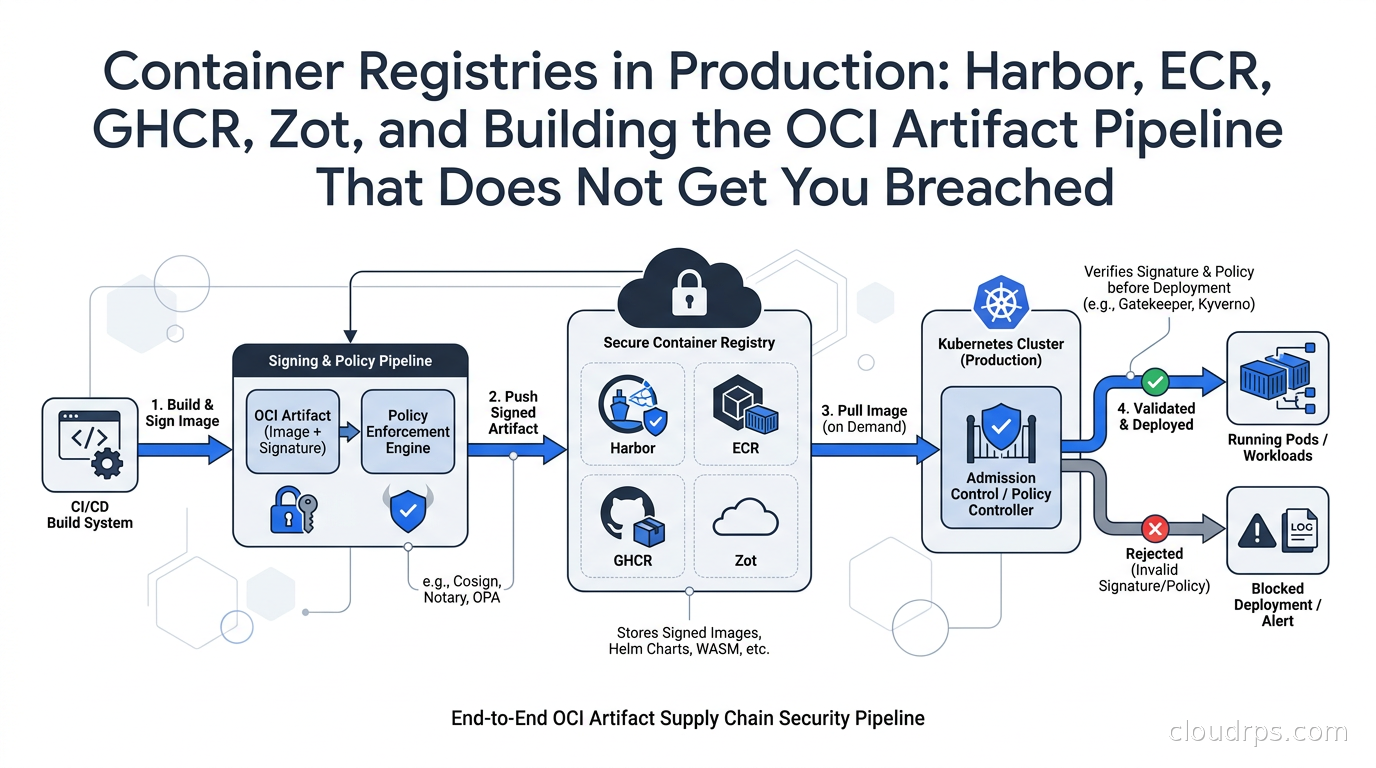 Diagram showing container images flowing through a signing and verification pipeline from CI build to Kubernetes admission control