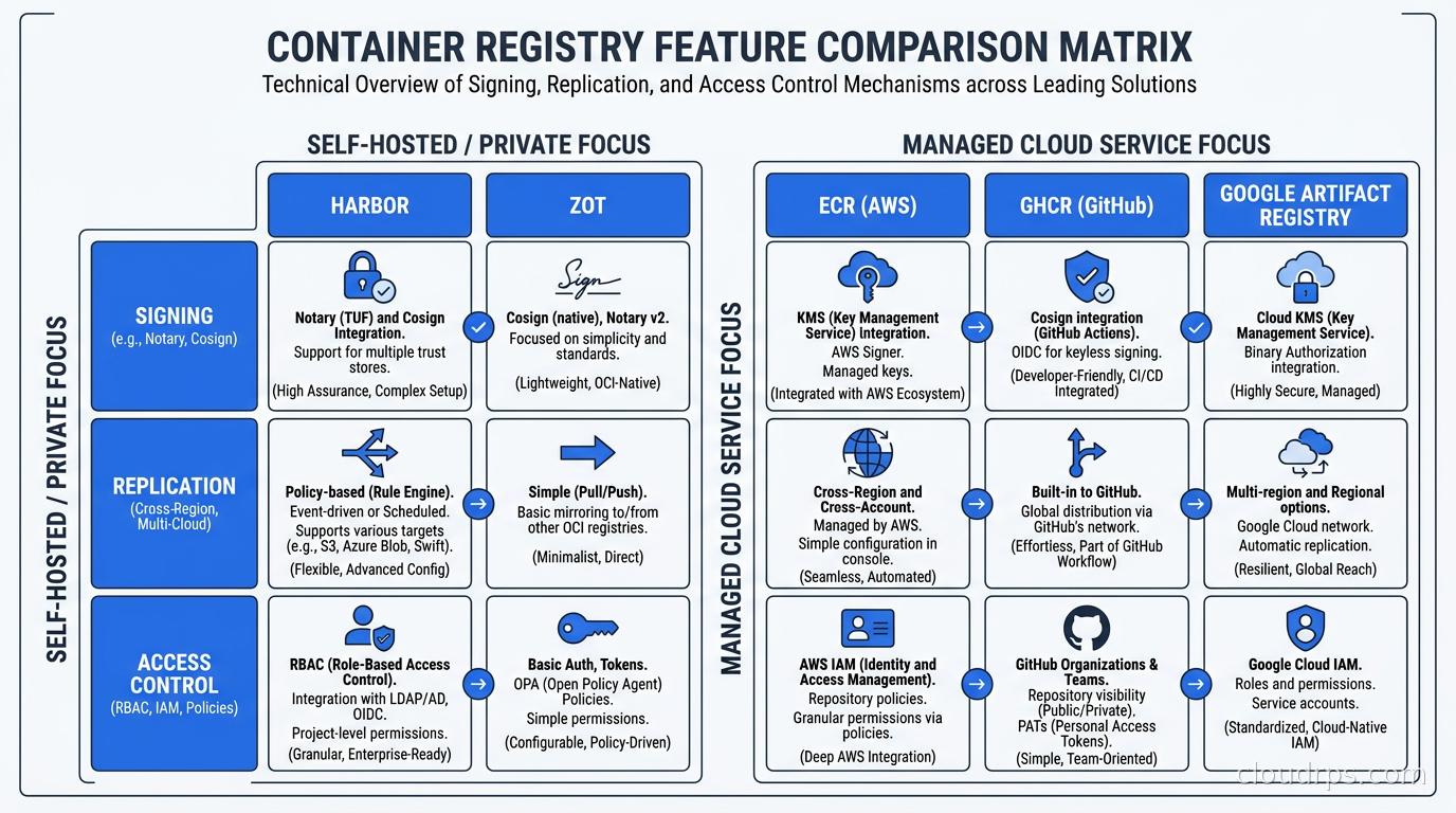 Comparison matrix of Harbor, ECR, GHCR, Zot, and Google Artifact Registry across features including signing, replication, and access control