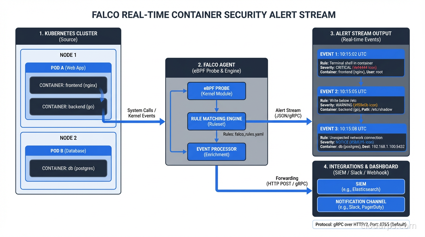 Falco alert stream showing real-time container security events with rule names, severity, and container context