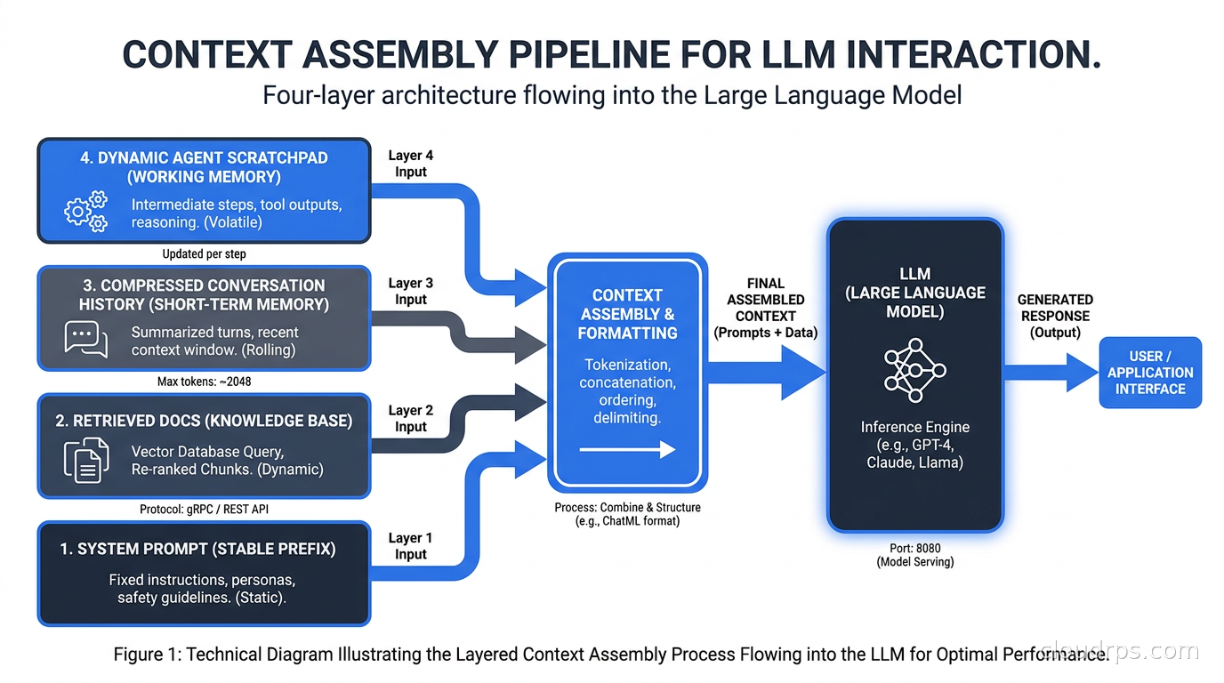 Context assembly pipeline showing the four layers flowing into the LLM: system prompt at the bottom as the stable prefix, retrieved docs above it, compressed conversation history, and dynamic agent scratchpad at the top