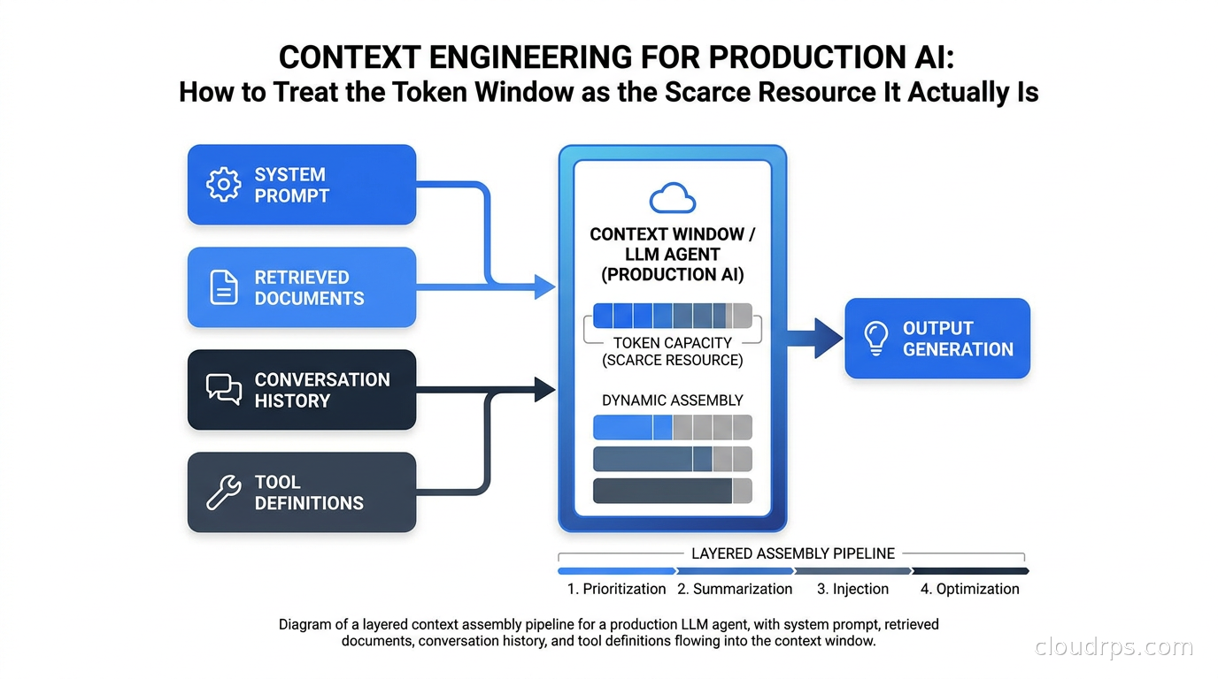 Diagram showing layered context assembly pipeline for a production LLM agent, with system prompt, retrieved documents, conversation history, and tool definitions flowing into the context window