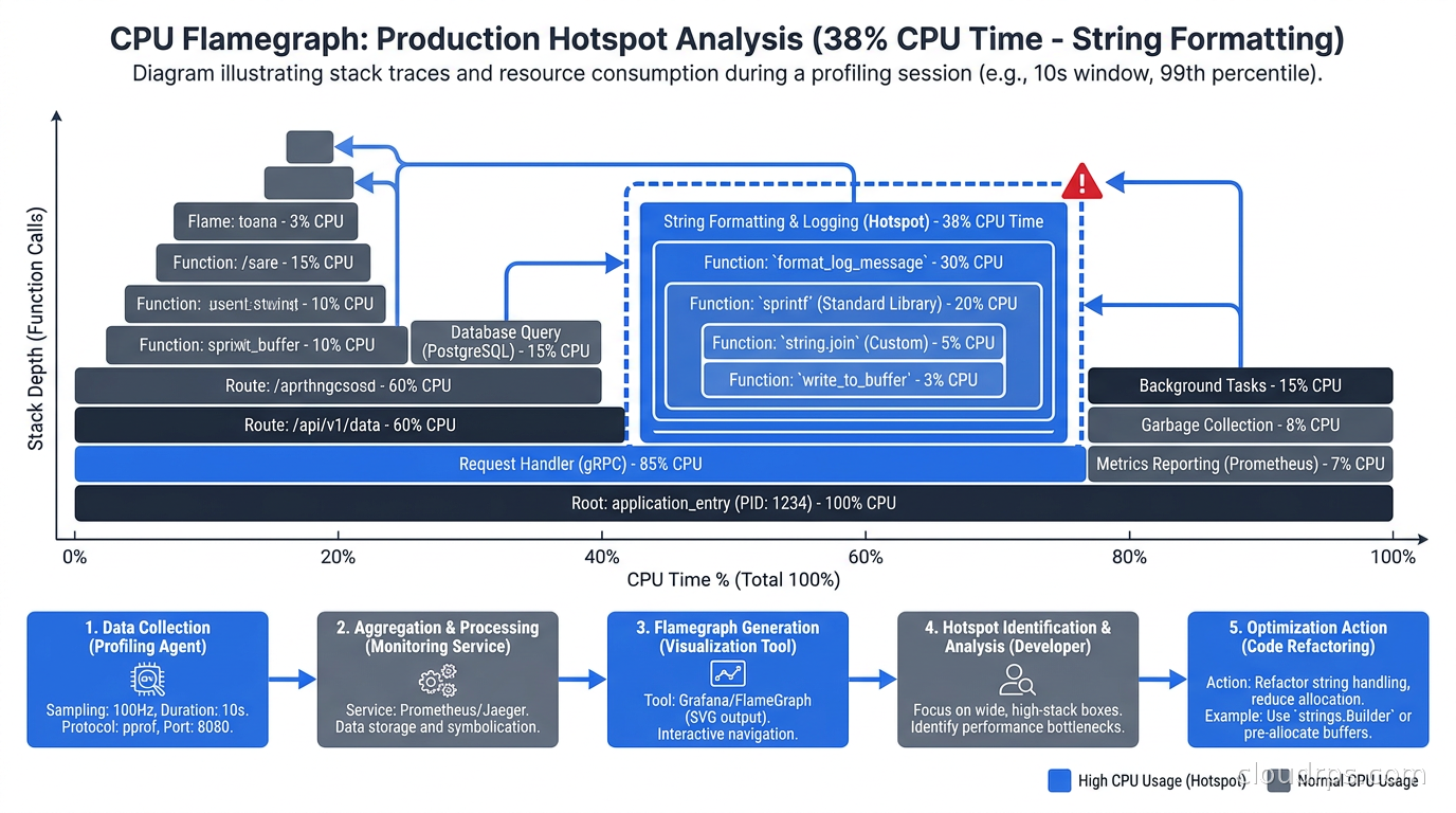 Example CPU flamegraph showing string formatting hotspot consuming 38% of production CPU time