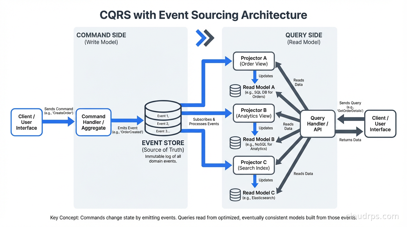 CQRS with event sourcing: command side emits events to event store, projectors build read models
