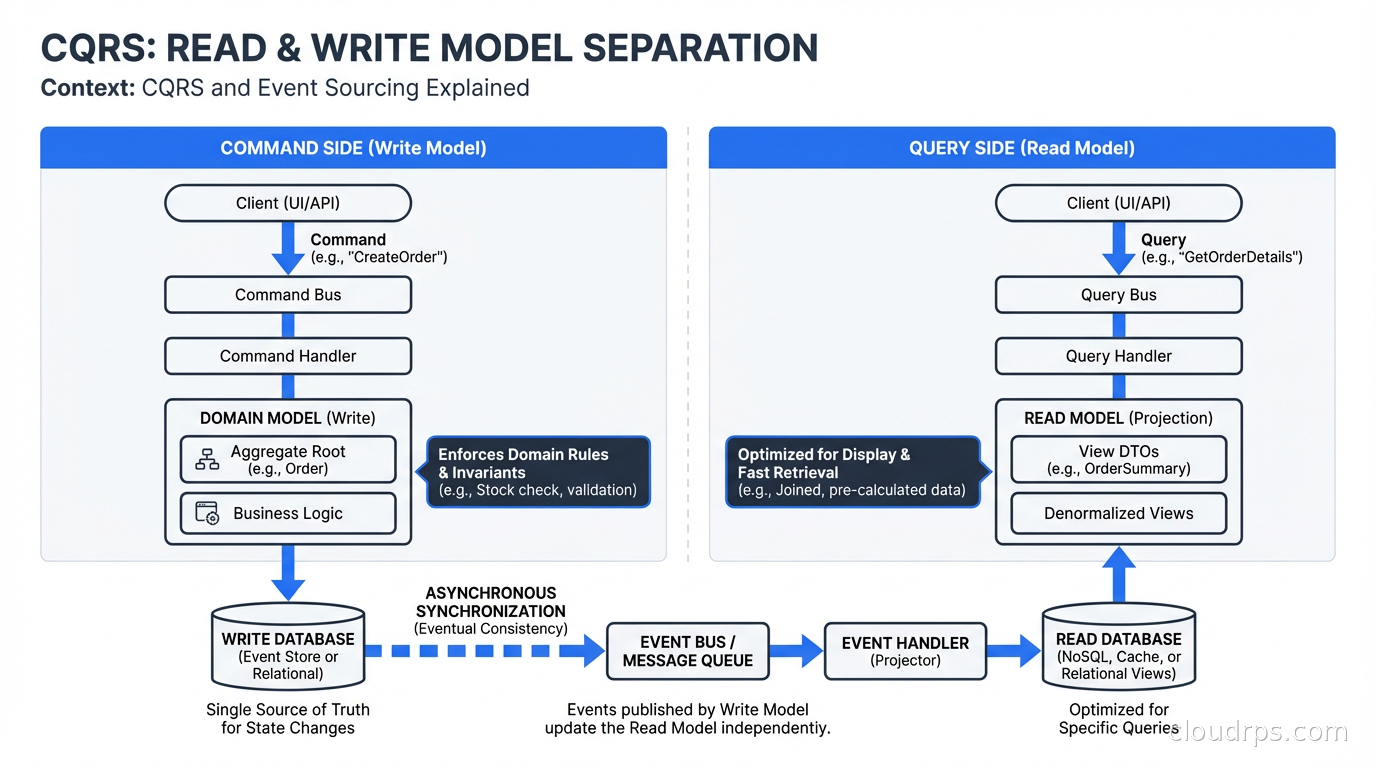 CQRS read and write model separation: command model enforces domain rules, query model optimized for display