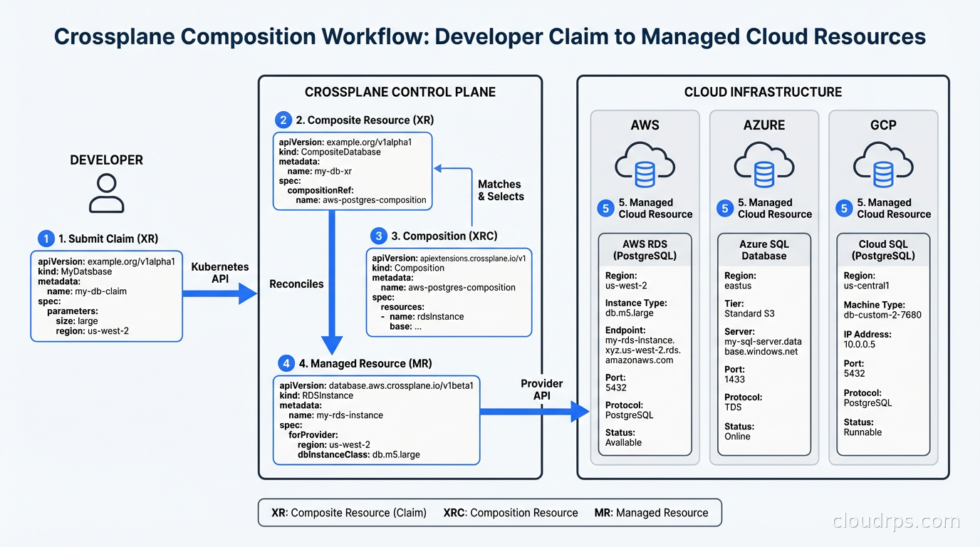 Crossplane composition workflow from developer claim through composite resource to managed cloud resources