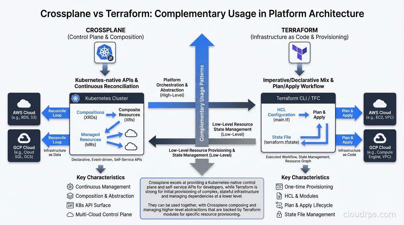 Crossplane vs Terraform showing complementary usage patterns in a real platform architecture