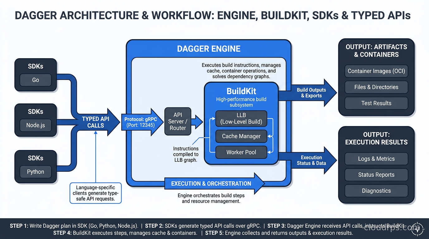 Dagger architecture showing the engine wrapping BuildKit and SDKs generating typed API calls