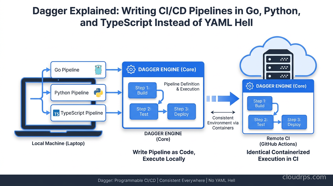 Dagger CI/CD pipeline flow showing containerized steps executing identically on a laptop and in GitHub Actions