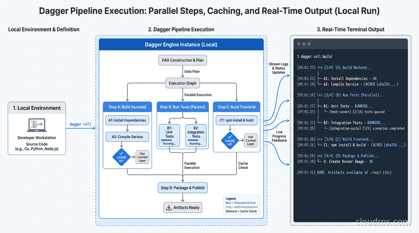 Dagger pipeline execution showing parallel steps, caching hits, and real-time terminal output during a local run