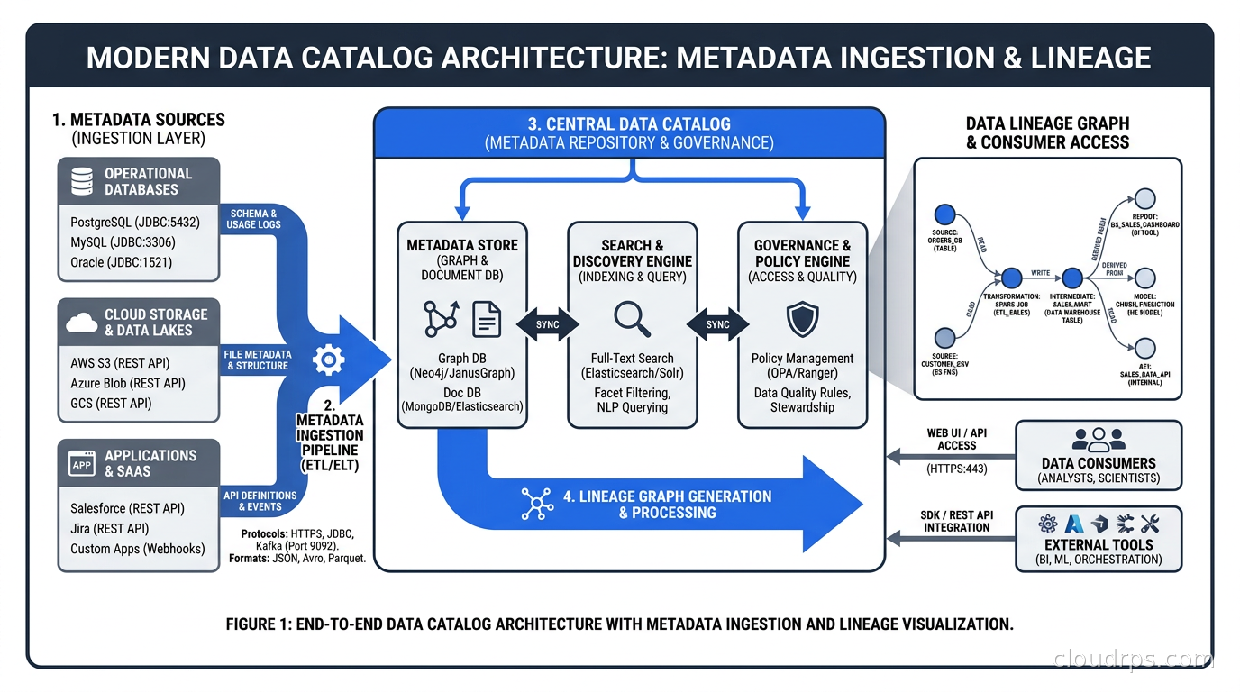 Data catalog architecture showing metadata ingestion from sources into a central catalog with lineage graph
