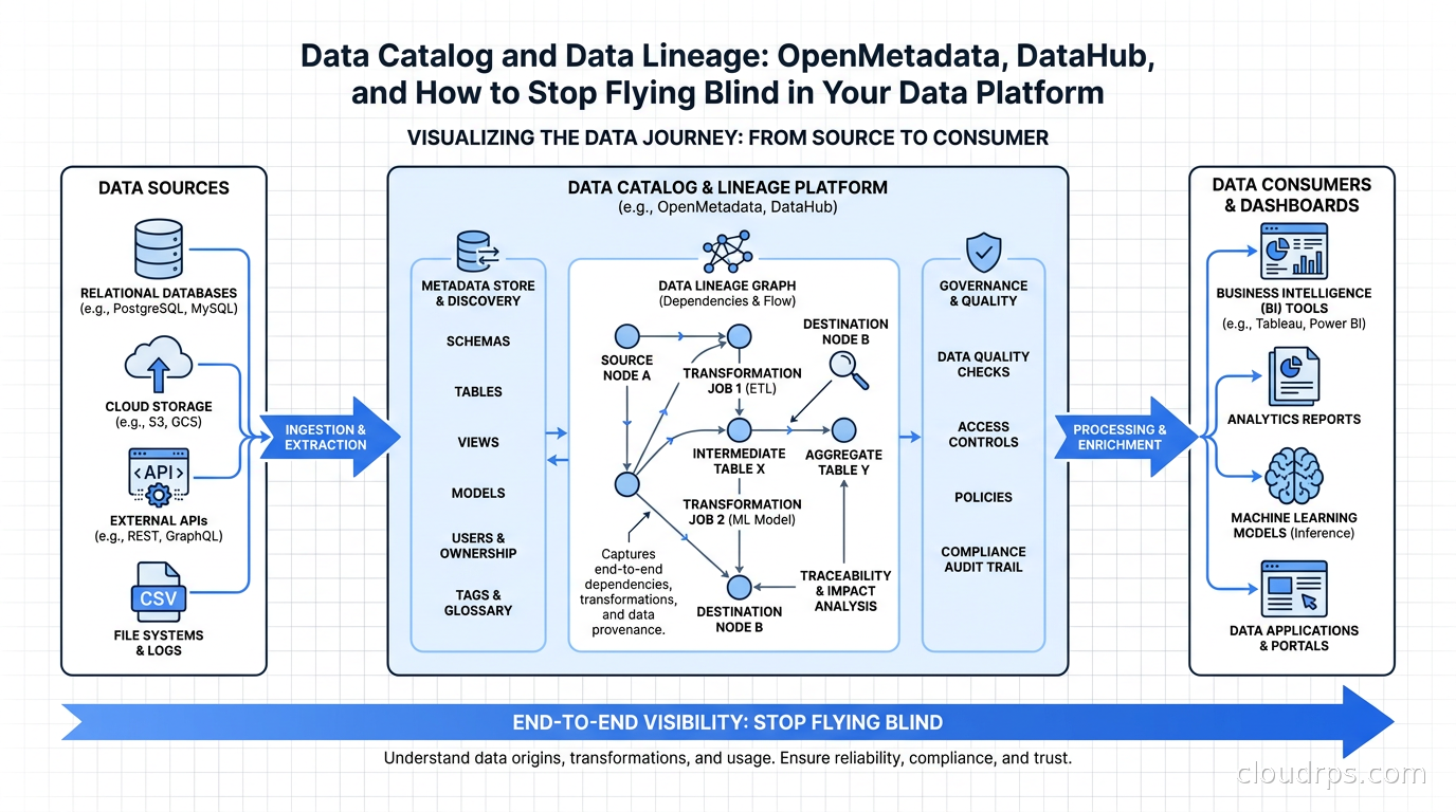 Data lineage graph showing pipeline dependencies flowing from sources to dashboards