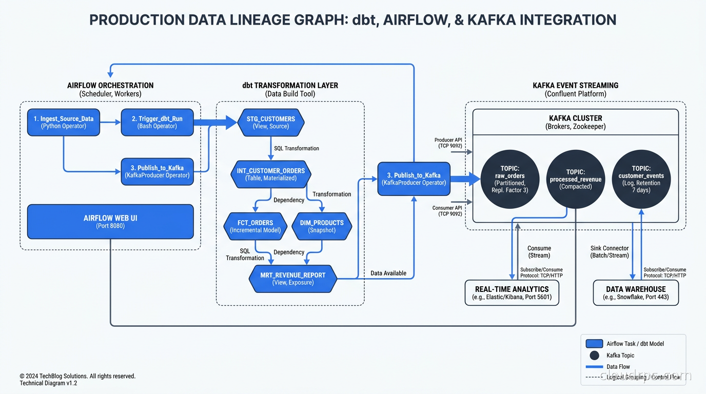 Data lineage graph in production showing dbt models, Airflow tasks, and Kafka topics as connected nodes