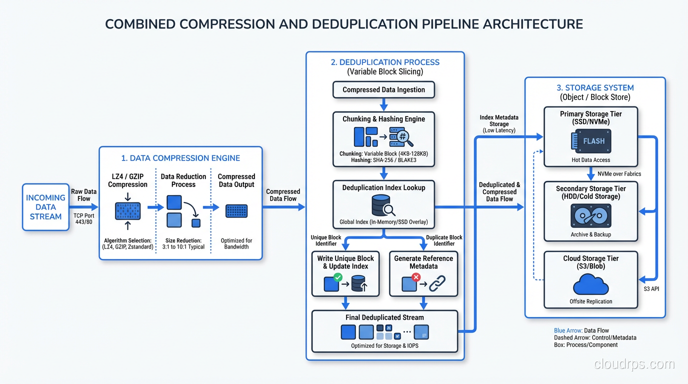 Combined compression and deduplication pipeline showing the order of operations