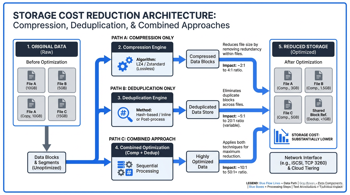 Storage cost reduction chart showing impact of compression, deduplication, and combined approaches
