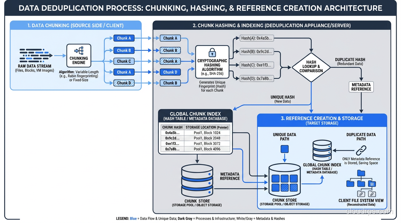 Deduplication process diagram showing chunking, hashing, and reference creation