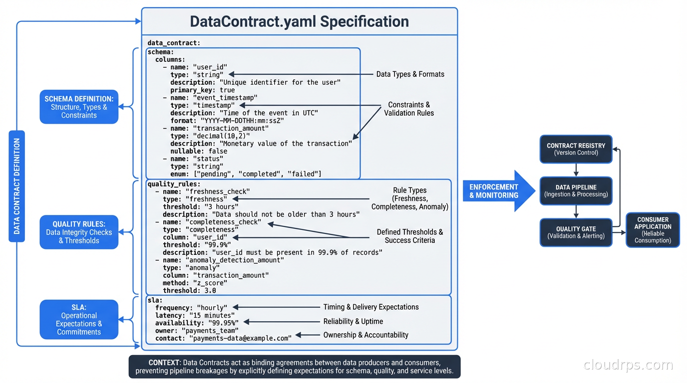 Data contract YAML specification with schema, quality rules, and SLA fields annotated