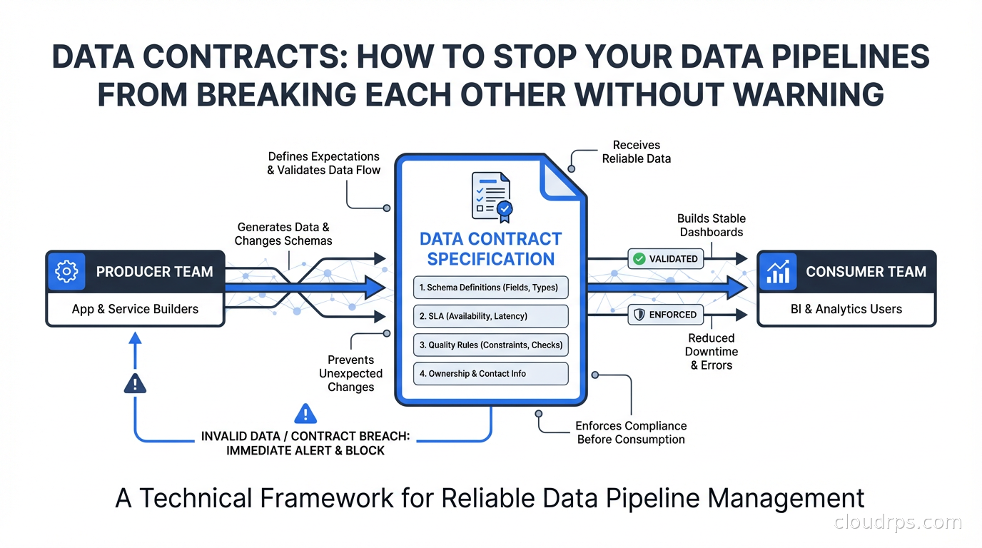 Data contract diagram showing producer team, contract specification, and consumer team dependencies