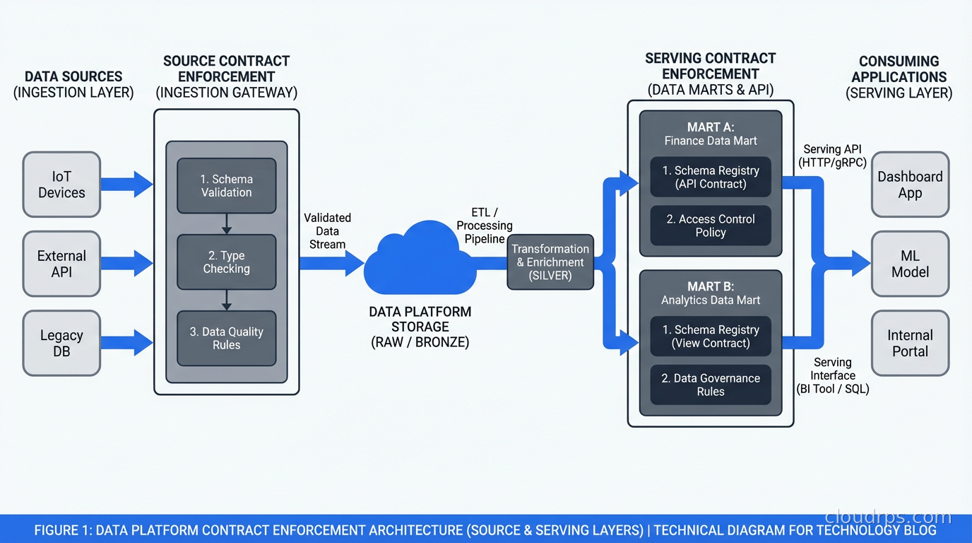 Data platform contract enforcement layers showing source contracts at ingestion and serving contracts at marts