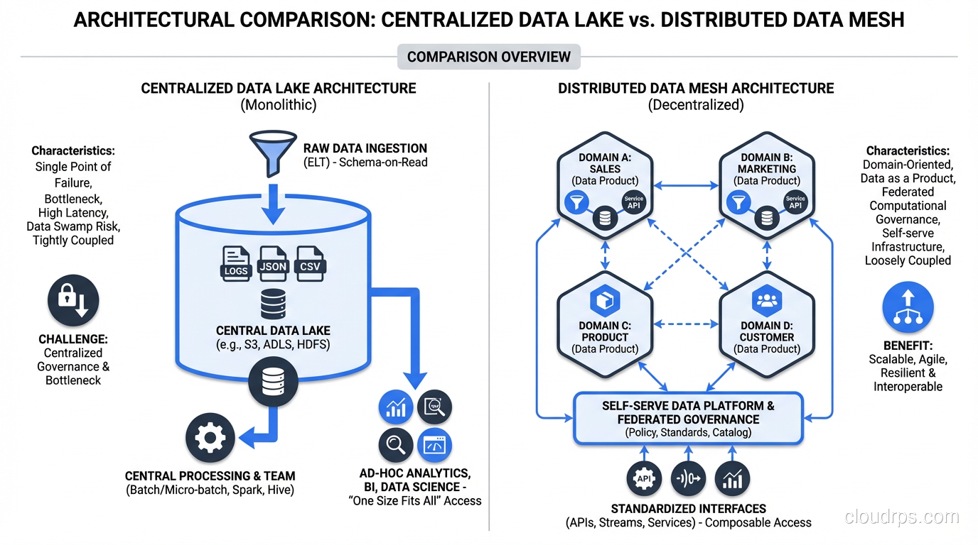 Comparison of centralized data lake versus distributed data mesh architecture