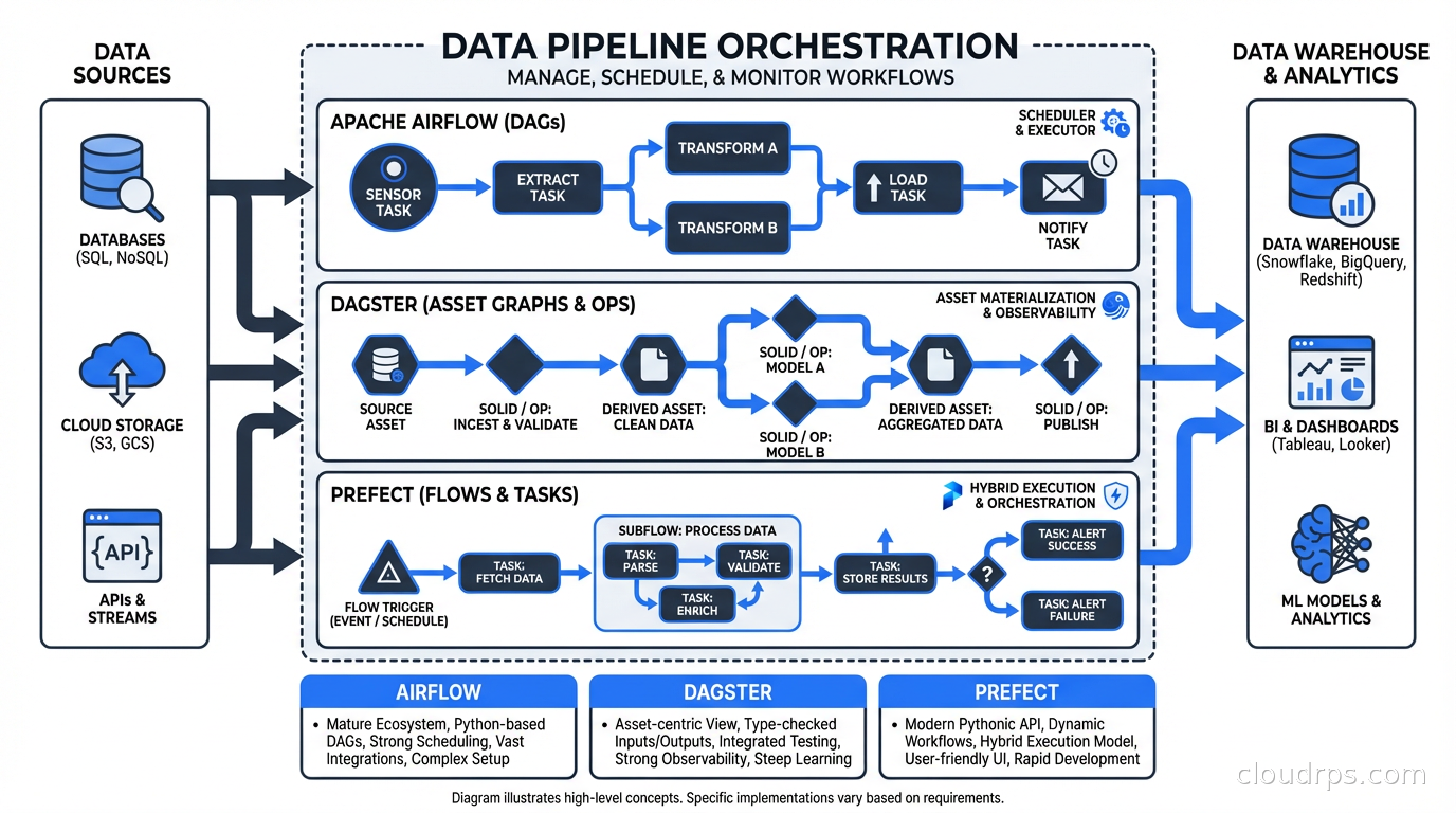 Data pipeline orchestration diagram showing Airflow, Dagster, and Prefect workflow graphs