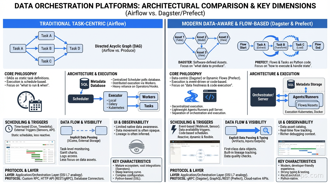 Comparison matrix of Airflow, Dagster, and Prefect across key dimensions