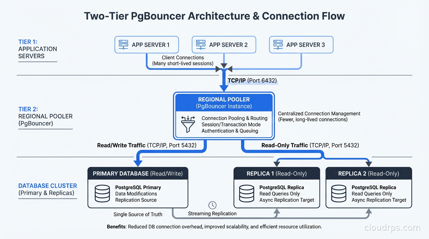 Flow diagram showing the two-tier PgBouncer architecture with app servers, regional pooler, and database primary and replicas