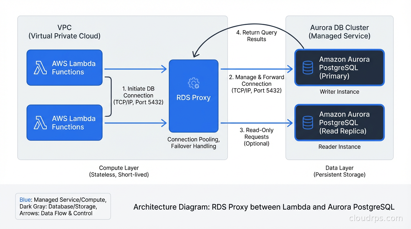 Architecture diagram showing RDS Proxy between Lambda functions and Aurora PostgreSQL