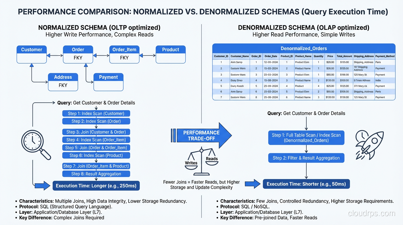 Performance comparison showing query execution times for normalized vs denormalized schemas