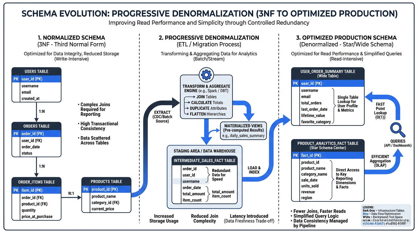 Schema evolution diagram showing progressive denormalization from 3NF to optimized production schema