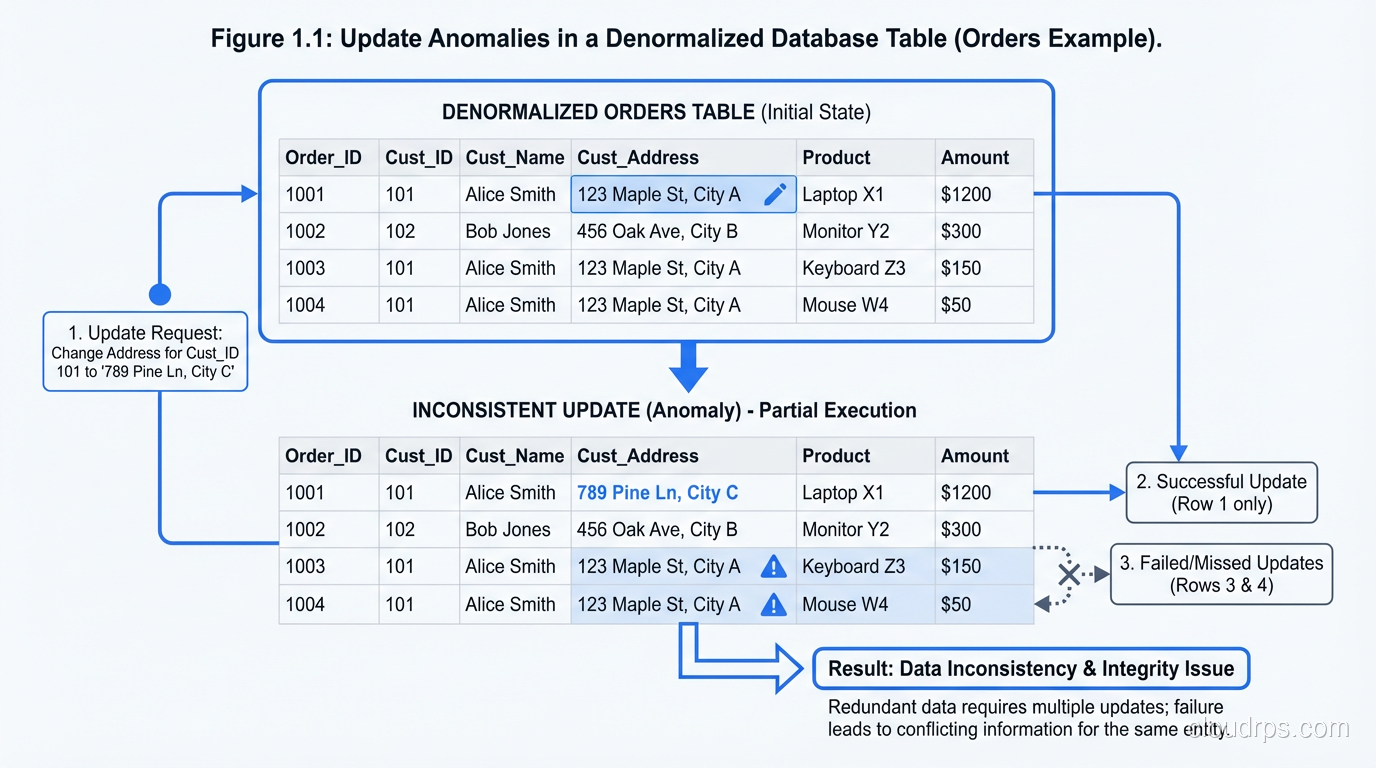 Example showing update anomalies in a denormalized orders table