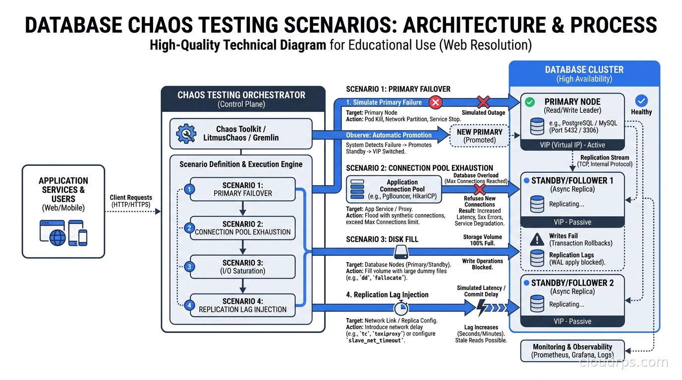 Diagram of database chaos testing scenarios: primary failover, connection pool exhaustion, disk fill, and replication lag injection