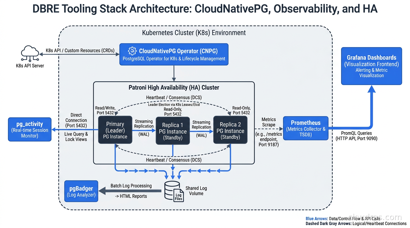 Architecture diagram showing the DBRE tooling stack: CloudNativePG for Kubernetes, pg_activity and pgBadger for observability, Patroni for HA, and Grafana dashboards