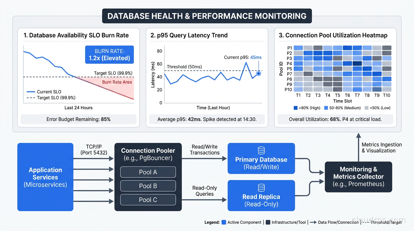 Three-panel dashboard showing database availability SLO burn rate, p95 query latency trend, and connection pool utilization heatmap