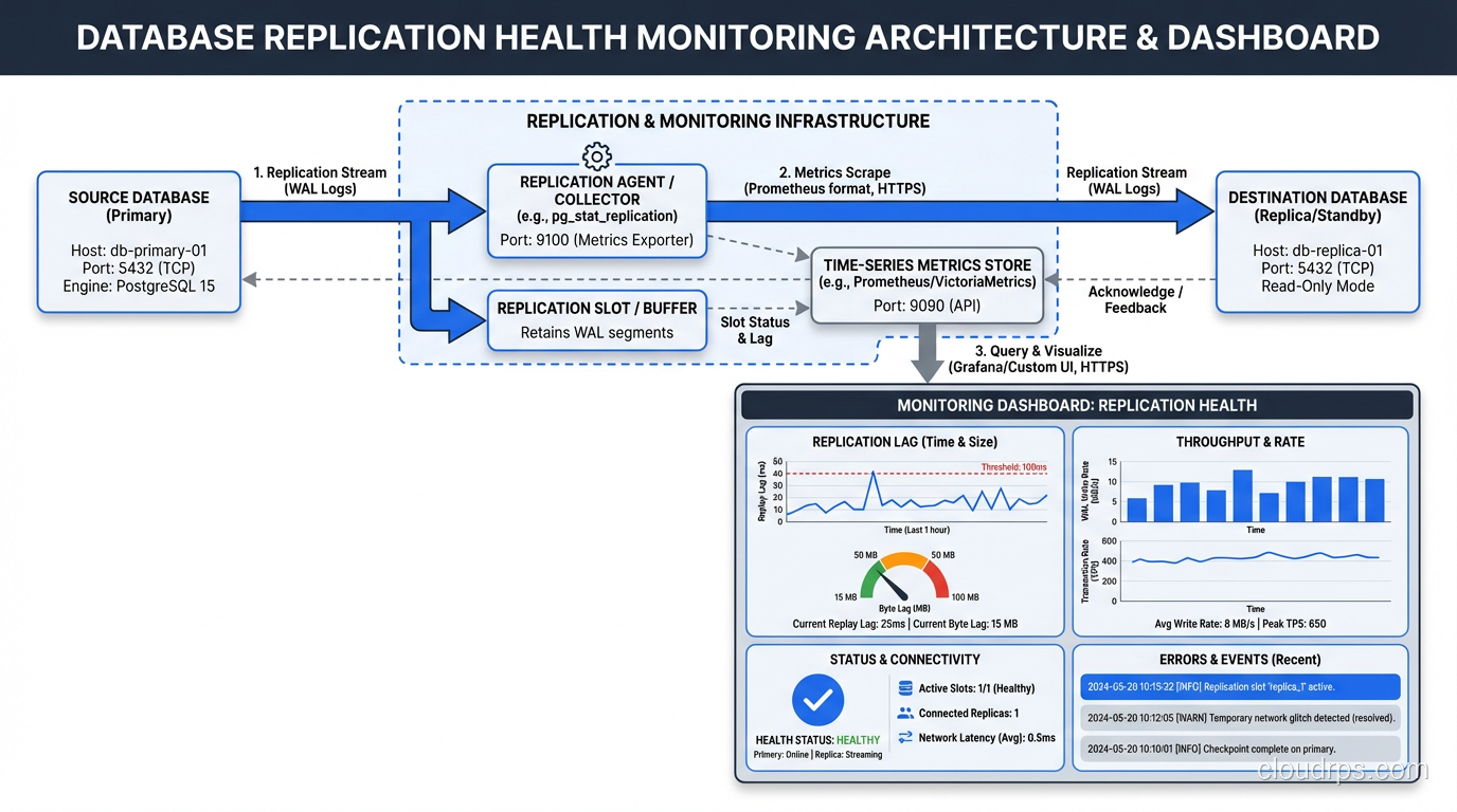 Monitoring dashboard showing key replication health metrics