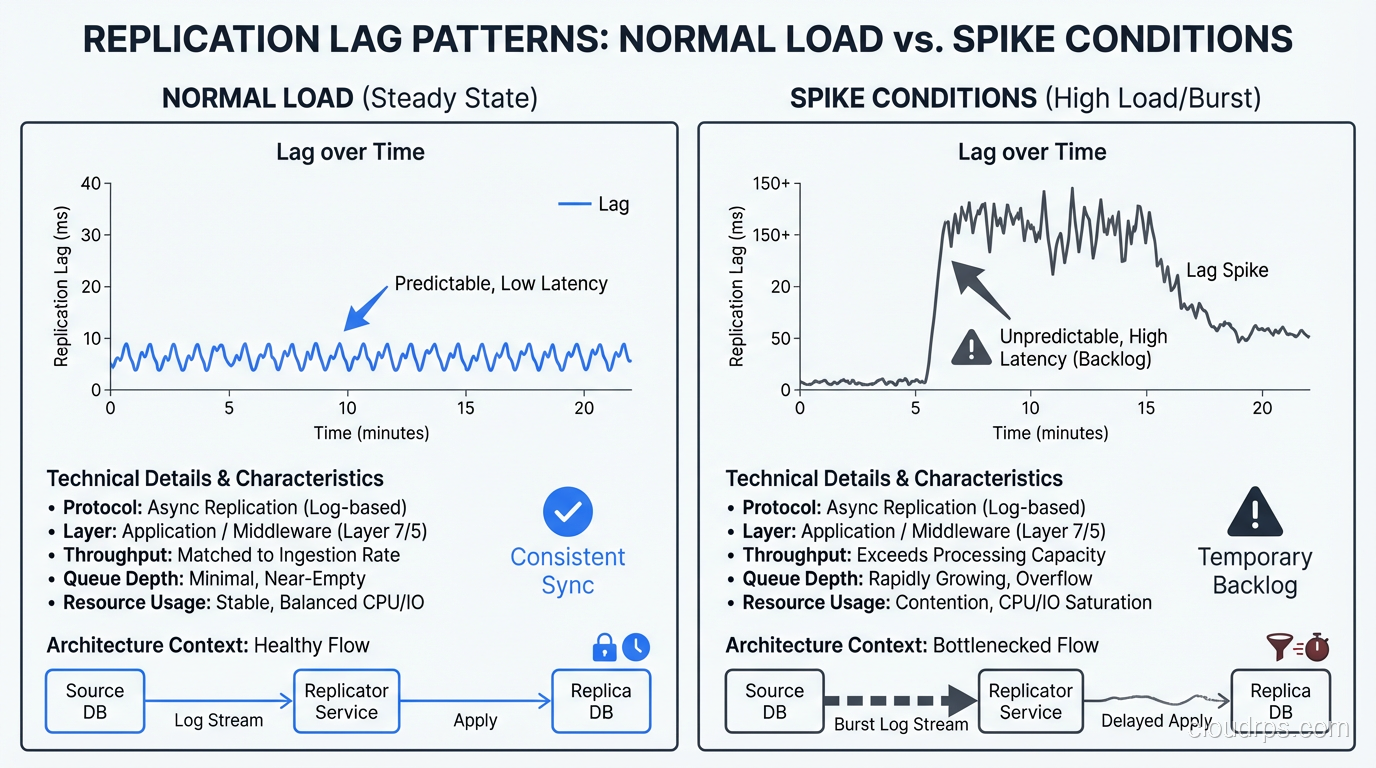 Graph showing replication lag patterns under normal load vs spike conditions