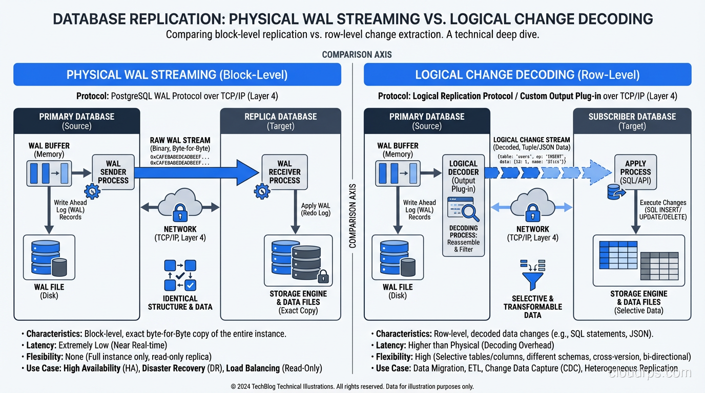 Architecture diagram showing physical WAL streaming vs logical change decoding